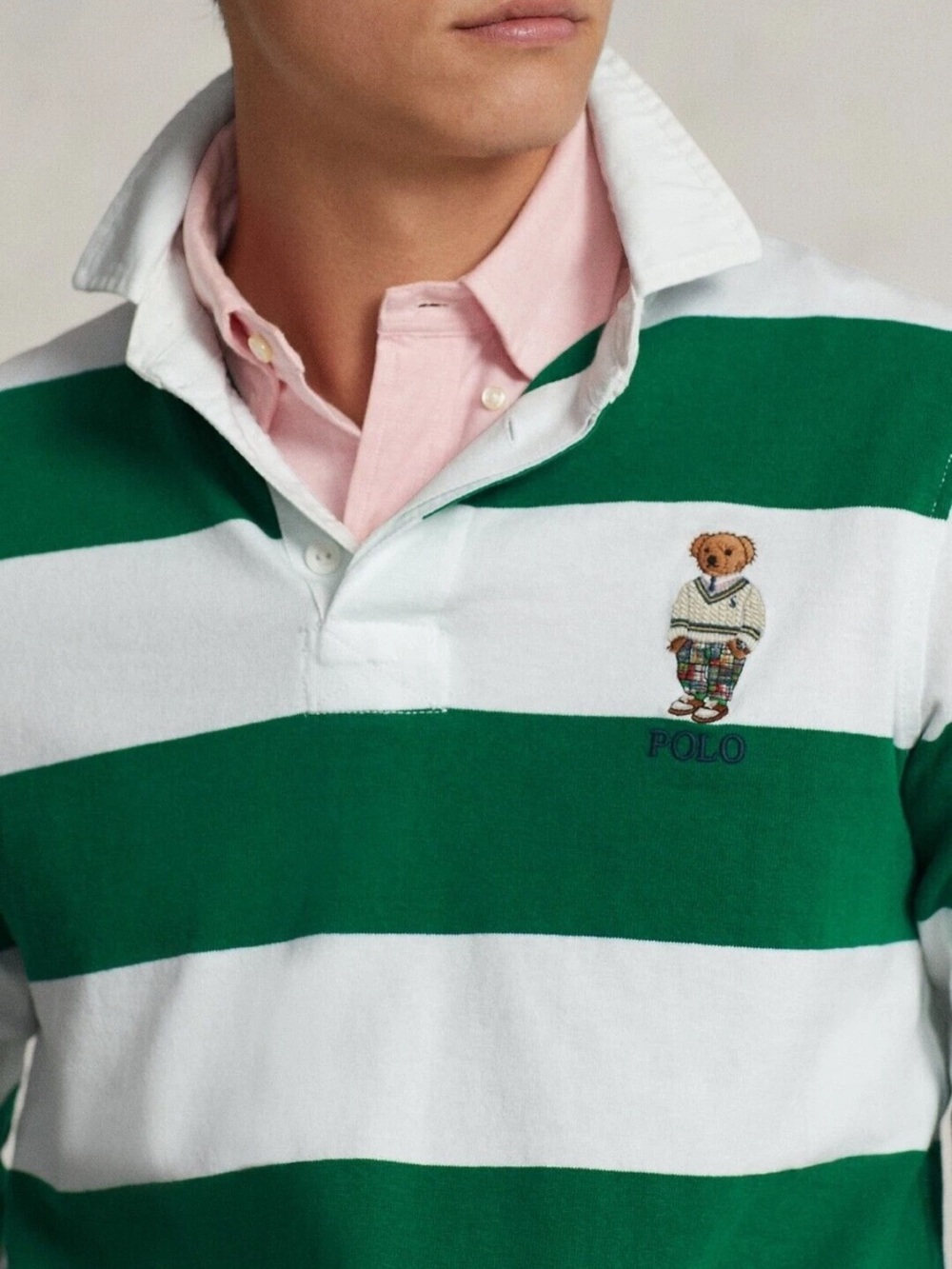 Polo Ralph Lauren Green/White Stripe Polo Bear Custom Slim Fit Rugby Polo Shirt - Picture 3 of 6